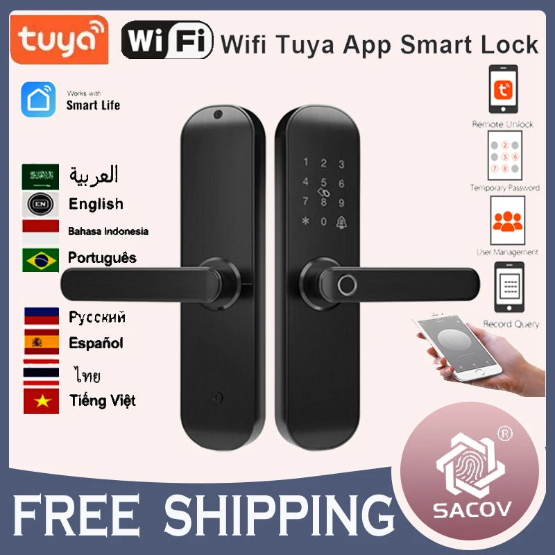 Imagem -02 - Ttlock App Biométrico Eletrônico Door Lock Black Digital Smart Lock Desbloqueio Remoto Keyless Lock Tuya App Desbloqueio de Impressão Digital Apartamento