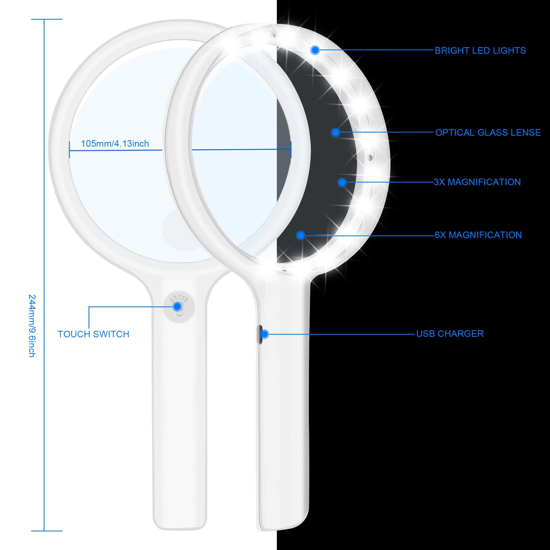 3X 6X Handheld Magnifying Glass with Light Illuminated USB Rechargeable Magnifier 3 Light Modes Large Lens Seniors Reading Loupe