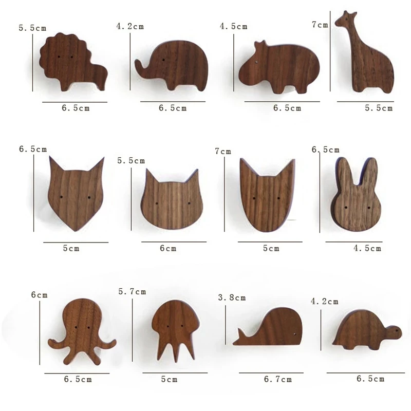 Cute Animal Hook Black Walnut Wood Hooks Multi-Purpose Key Holder Wall Coat Rack Door Clothes Storage Home Children Room Decora