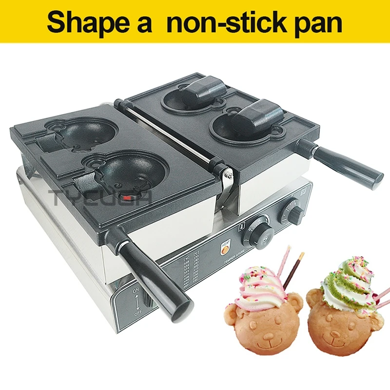 2PCS Bear Head Shape Waffle Electric Machine Open Mouth Bear Type Taiyaki Ice Cream Waffle Maker 1800W Commercial Snack Baker