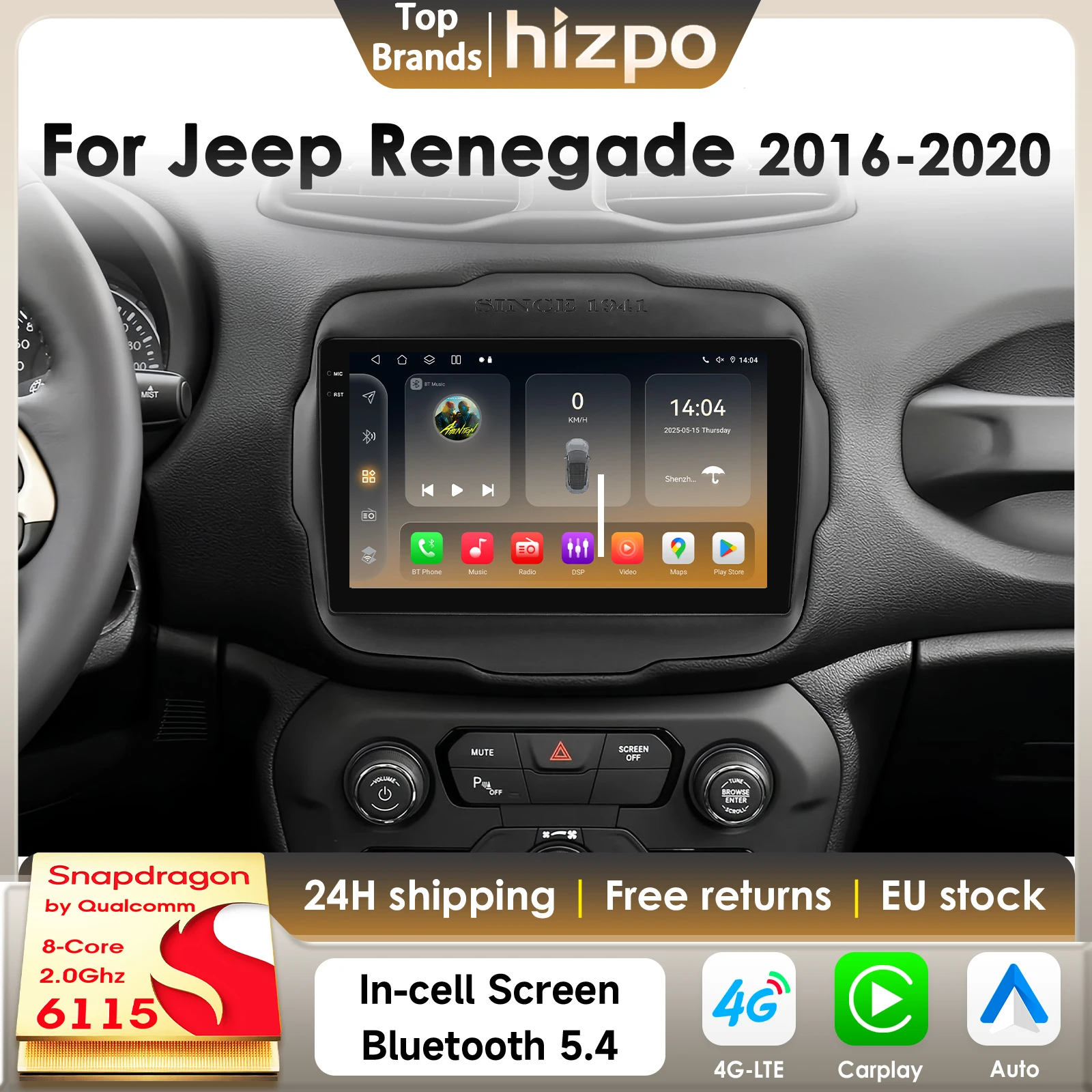 Hizpo 8Core 8G 128G Android 14 Autoradio Per Jeep Renegade 2016-2020 CarPlay 2Din 4G BT5.4 DSP GPS di Qualcomm Snapdragon 6115