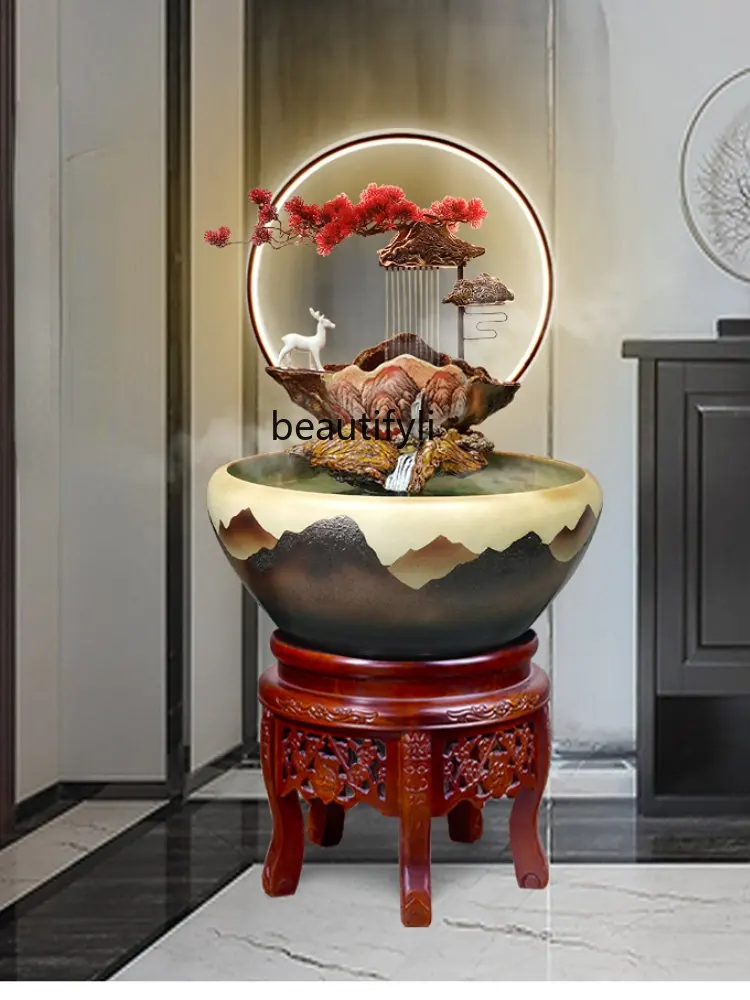 yj Ceramic Fish Tank Circulation Water Fountain Fish Globe Living Room Fortune Fish Tank Landscaping Fish Culturing Tub