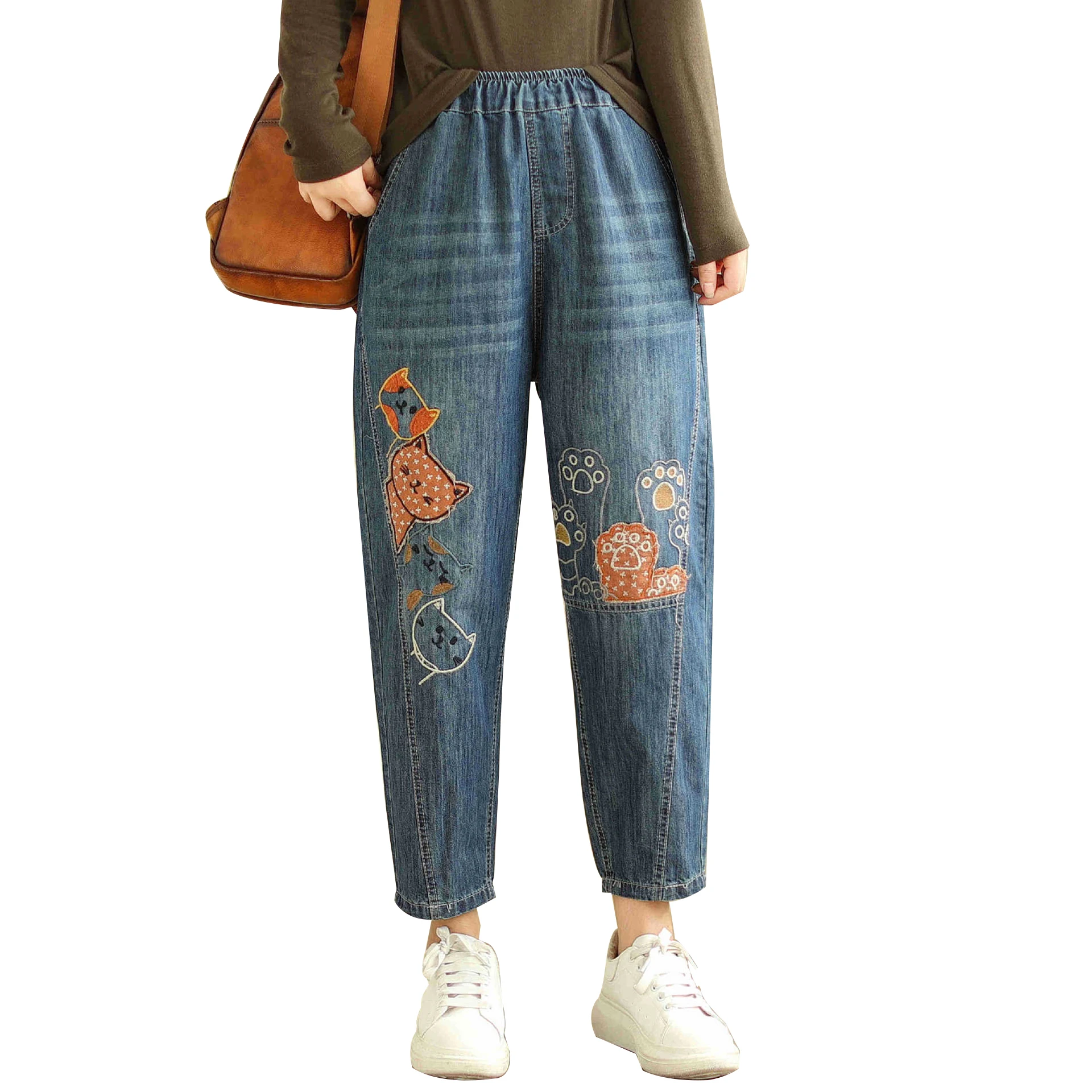 Aricaca Women Casual Denim Summer Pants M-2XL Embroidery Denim Pants For Women