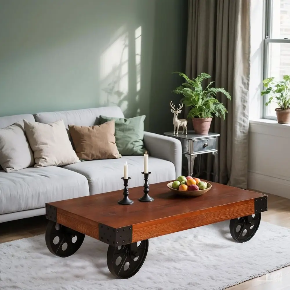 

Журнальный столик в индустриальном стиле на колесиках, диаметр 39,37 дюйма, простой дизайн из дерева и металла для гостиной, спальни или офиса