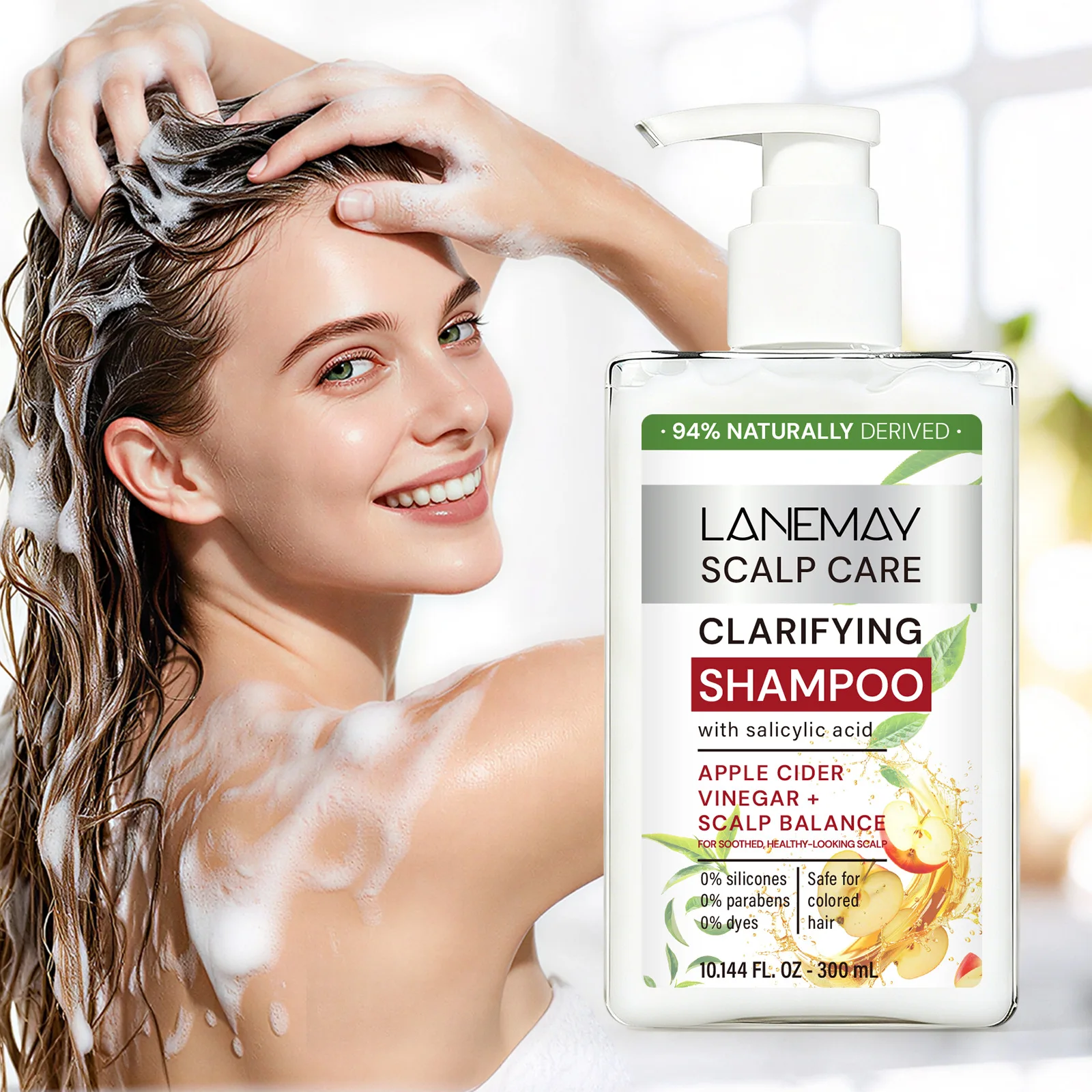 Champú Clarificante para el Cuidado del Cuero Cabelludo Lanemay – Vinagre de Sidra de Manzana y Aceite Esencial de Árbol de Té, Ácido Salicílico, 94% de Origen Natural, 300 ml