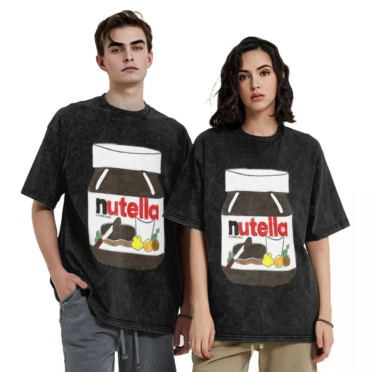 Nutella Washed T Shirts Vintage Short Sleeve Hip Hop T-Shirt Streetwear Tops Tees for Men Women