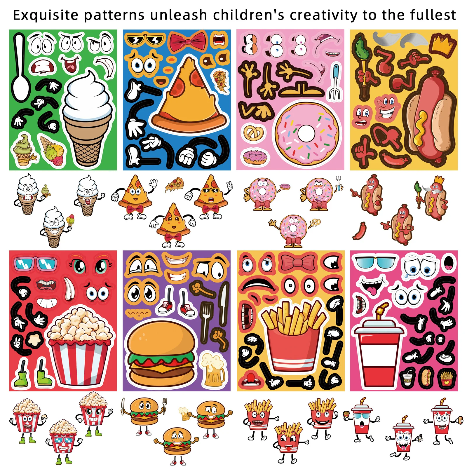 8-Pack Waterproof Cartoon Burger French Fries Make Face Puzzle Stickers for Notebook Guitar Luggage Stationery Decoration