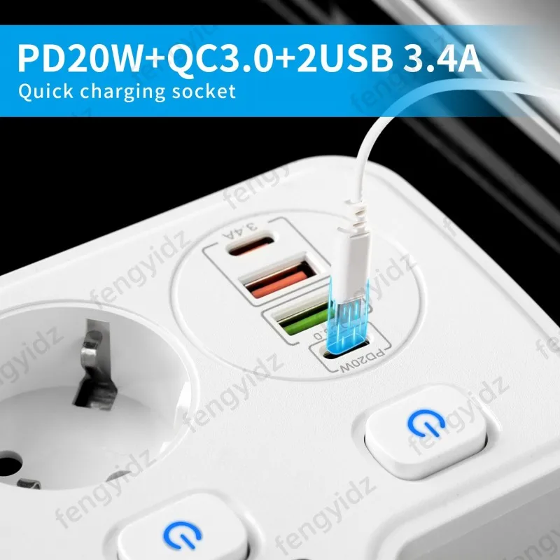 Extension Socket With Safety Switch Power Strip For Office Home EU Plug 3000W 2M Cable Overload Protection USB Type C Ports view 6