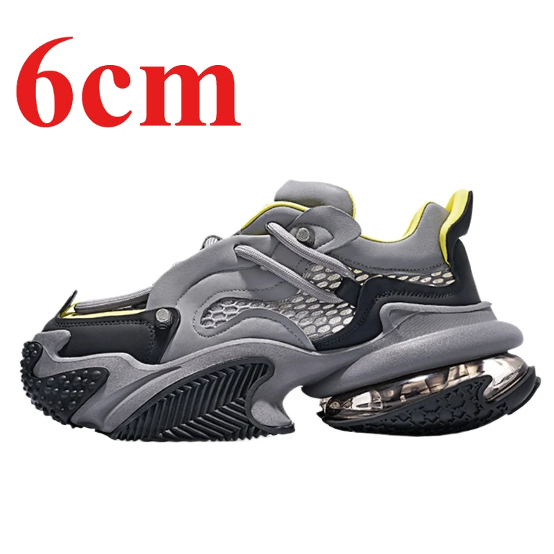 Genuine Leather Mesh Couples's Sneakers Summer Breathable Dad's Shoes Men's Increase 6cm Sports Casual Thick Sole Elevated Shoes