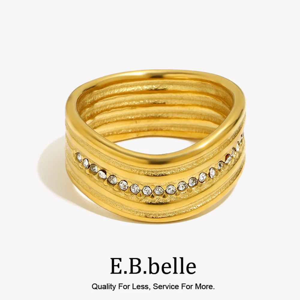 E.B.belle 18K Gold Plated Multipile Layers Twisted Rhinestone Ring Stainless Steel Vintage Style Party Wedding Birthday Jewelry