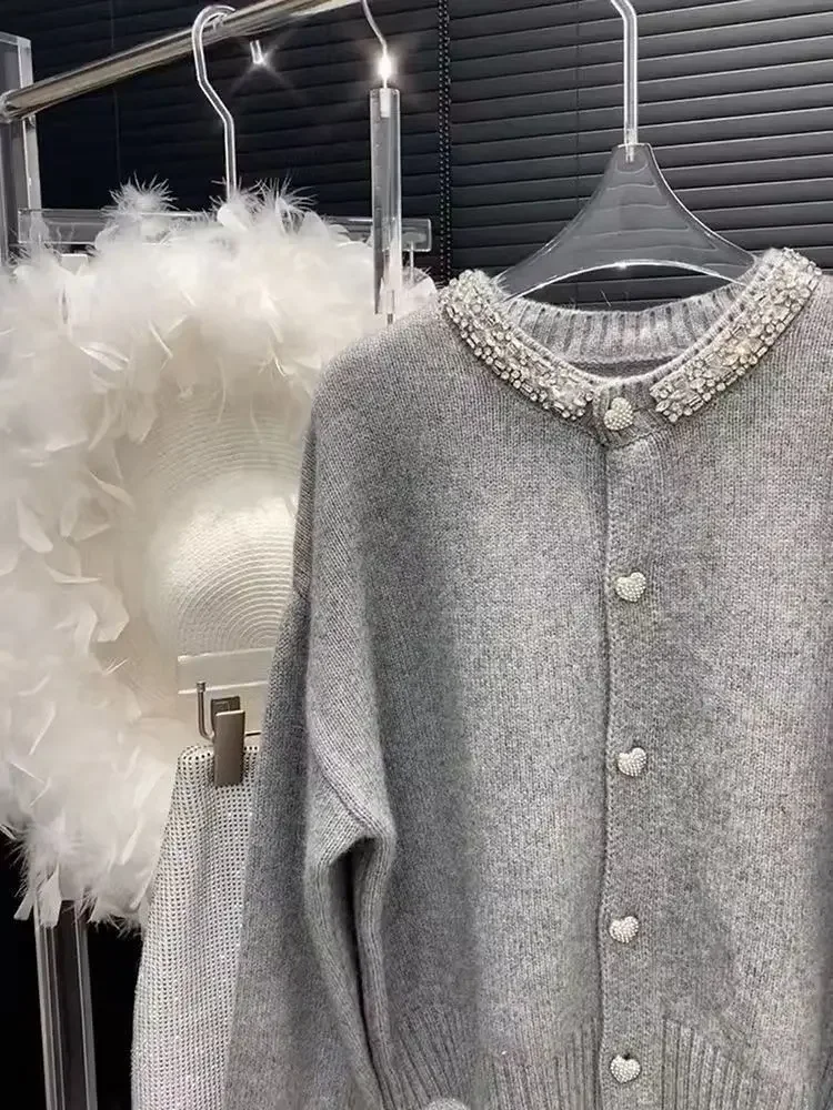 Sweaters for Women Heavy Diamond Knitted Cardigan Grey Tops Winter Clothes  Pull Femme Love Jacket Feminino