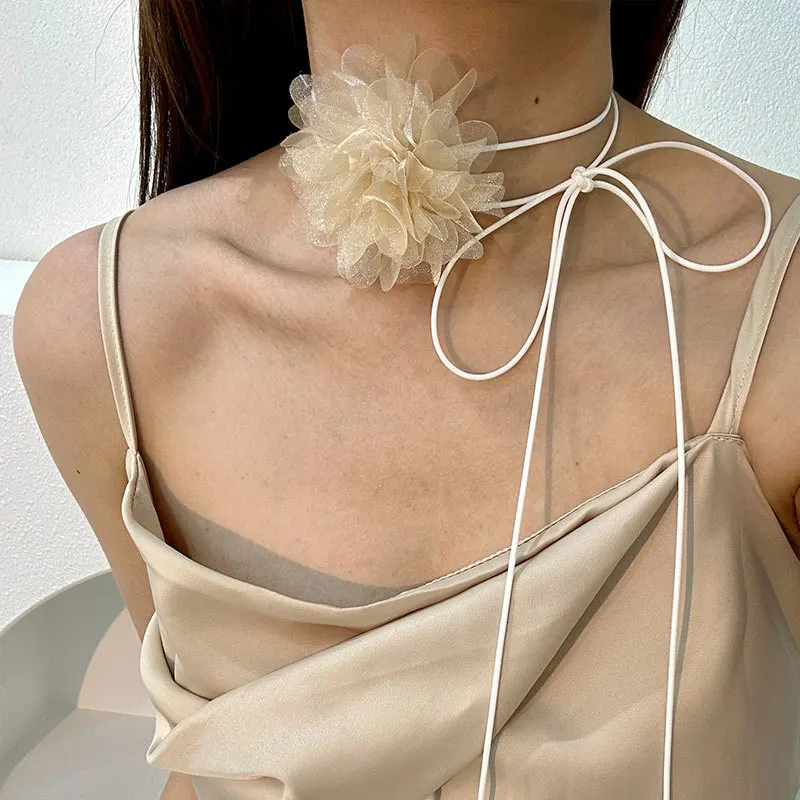 Exaggerated Romantic Lace Big Flower Clavicle Chain Necklace for Women Goth Y2K Adjustable Bowknot Choker Dinner Party Jewelry