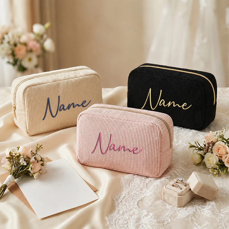 Custom Name Embroidered Corduroy Makeup Bag Personalised Monogram Cosmetic Pouch Portable Storage Handbag Gifts For Women Girls