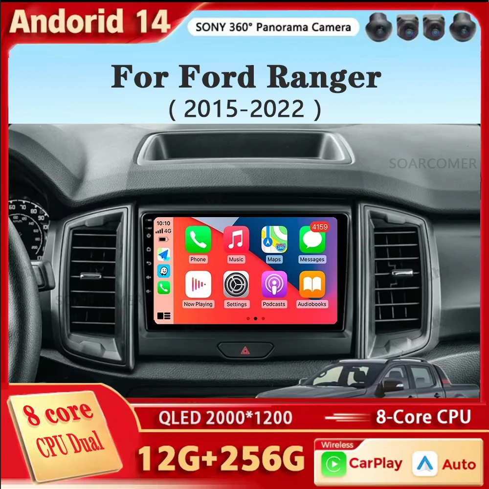 Android 14 Car Radio Stereo QLED Screen For Ford Ranger 2015 2016 2017 2018 2019-2022 GPS Car Radio Multimedia Video Player Navi