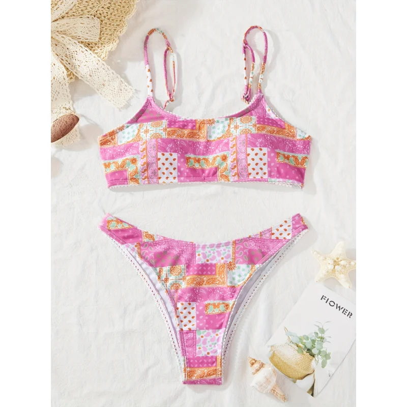 

Beach vacation paisley pattern printed lace trim camisole stylebikiniSuit