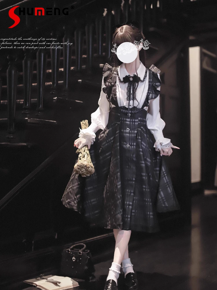 

Оригинальная милая рубашка в стиле Лолиты с длинными рукавами для девочек, юбка на бретелях, комплект из 2 предметов, осенняя новинка 2025 года, женская одежда в японском стиле Mine College