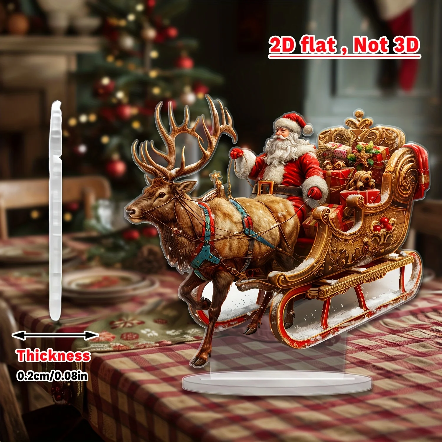 Santa Reindeer Sleigh 2D Flat Acrylic Stand, Christmas Gift Sled Print Desktop Ornament Xmas Home Table Decor Gift