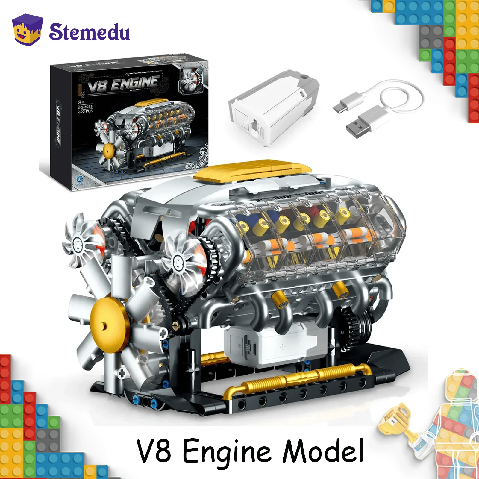 

MOC Technik Electrically Driven V8 Engine Model Car Building Blocks Set Creative Educational Toys Christmas Gifts For Boys Kids