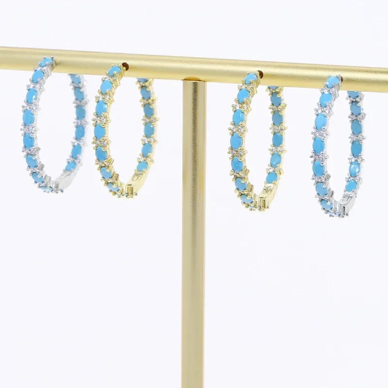 35mm Blue Turquoise Stone Round Big Circle Hoop Earrings for Women Gold Color Unisex Female Male Punk Wedding Hoops Jewelry