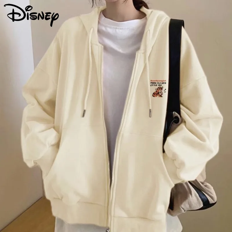 Disney Pooh Bear Cartoon Printng Hoodie Y2k Women Japanese Style Plush Loose Zipper Coat Cardigan Long Cute Fashion Sleeve Top