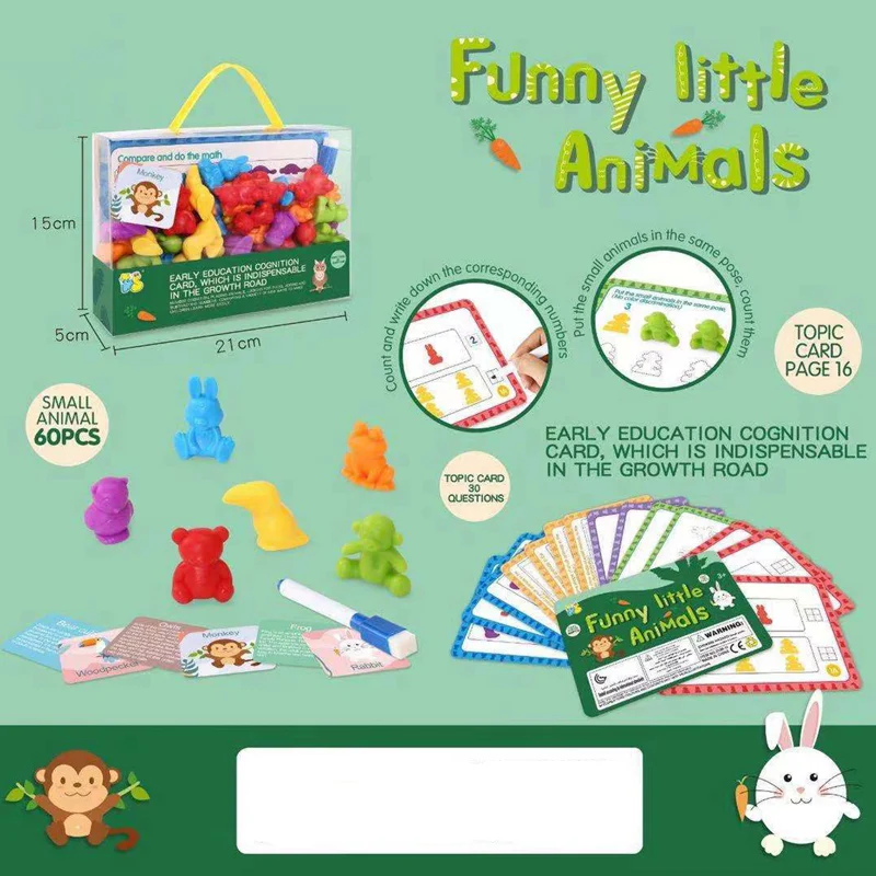 Children Rainbow Counting Soft Glue Animal Toys Montessori Toys Early Education Teaching Aids English Question Card Teaching Set