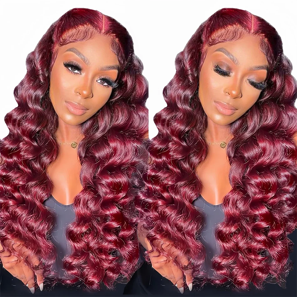 

Burgundy 99J 13x4 HD Red Deep Curly Lace Front Wigs Human Hair Pre Plucked 30 Inch Loose Deep Wave Transparent Lace Frontal Wigs
