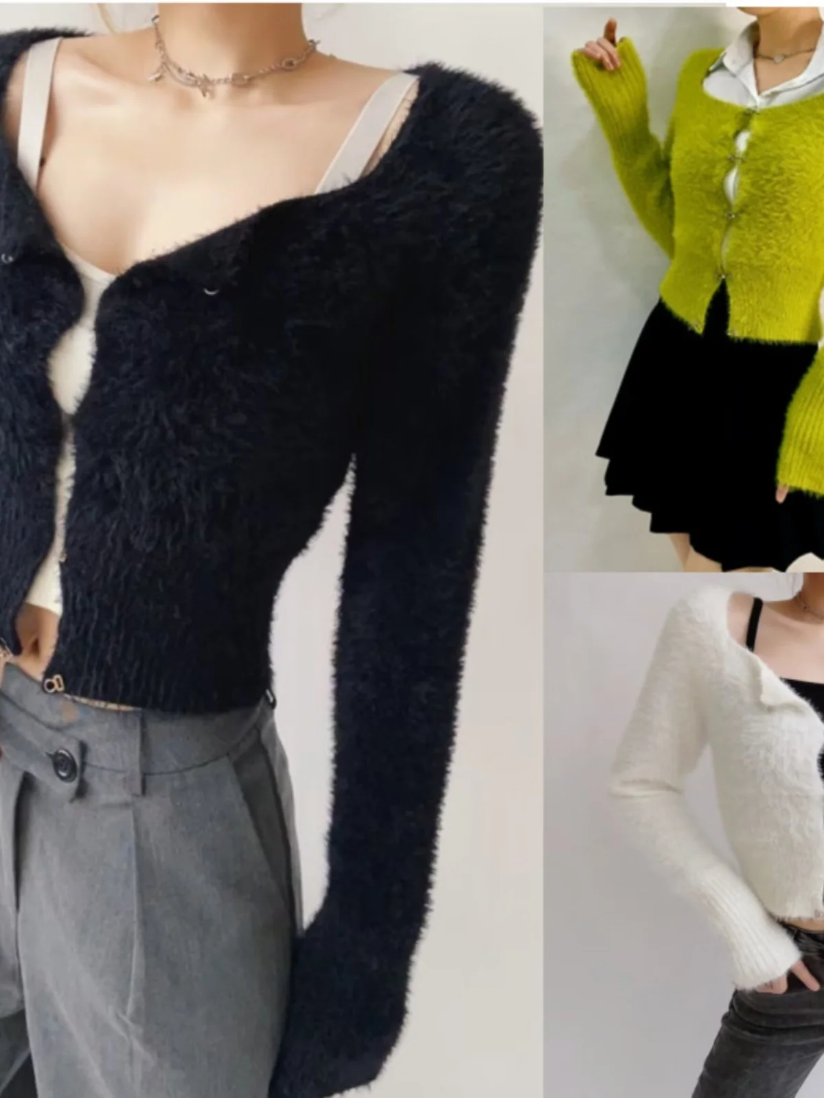 

Модный укороченный кардиган с квадратным вырезом и длинными рукавами, вязаный, на пуговицах, из полиэстера, приталенный крой