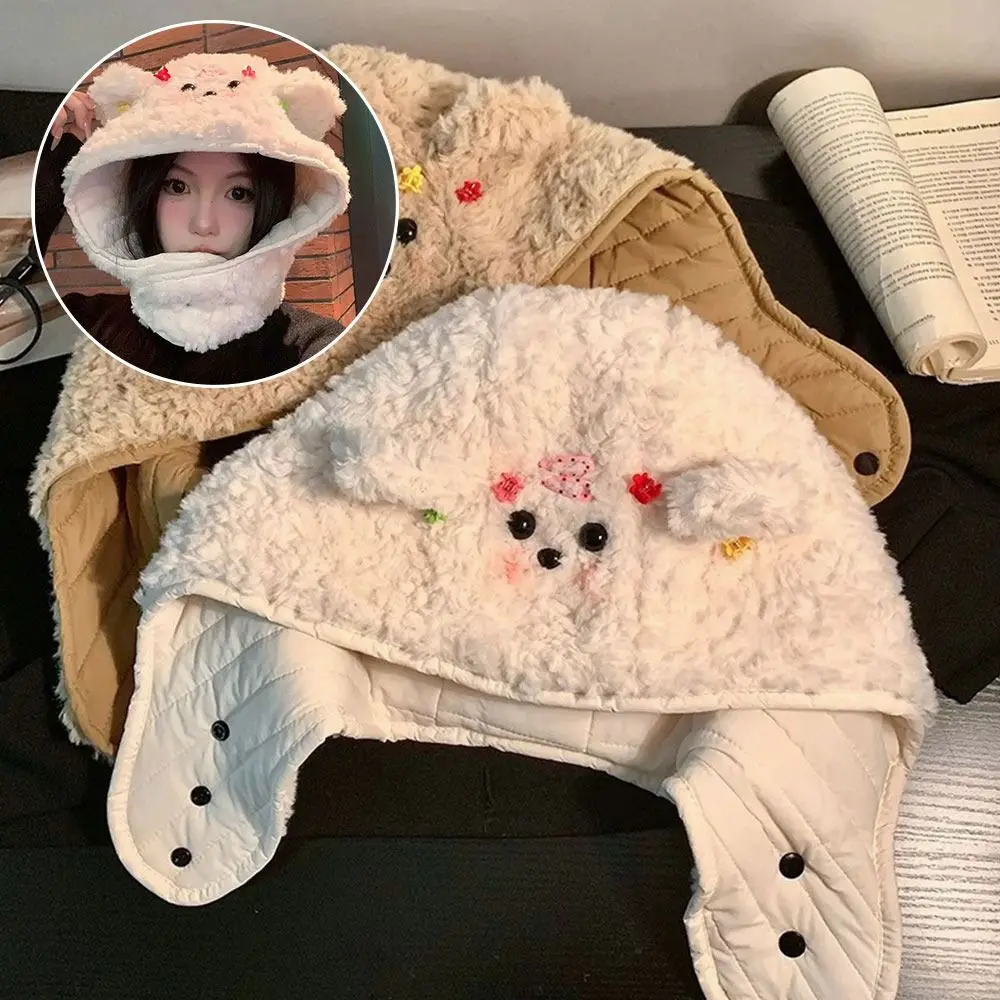 귀여운 플러시 겨울 일체형 모자 스카프 방풍 따뜻한 비니 모자 스카프 두꺼운 캐주얼 귀 보호 모자 사이클링