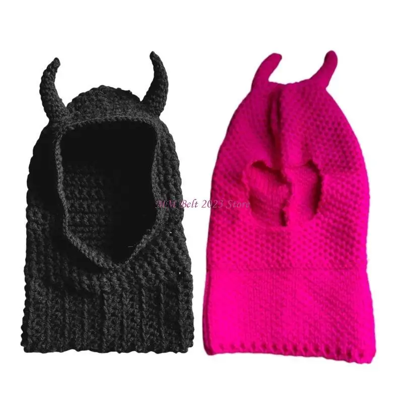 

49ME Adult's Ox Horn Knitted Hats Neck Guard Hat Warmer Knitted Cosplay Winter Holiday Presents for Children