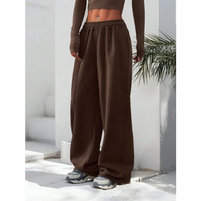 حجم كبير 1XL-5XL جديد المرأة اللياقة البدنية Sweatpants واسعة الساق مستقيم عادية عالية الخصر بلون السراويل الرياضية