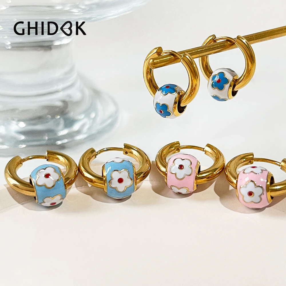 Ghidbk Cute Little Flower Enamel Beads Chunky Hoop Earrings for Women Stainless Steel Gold Pvd Plated Huggies Tarnish Free