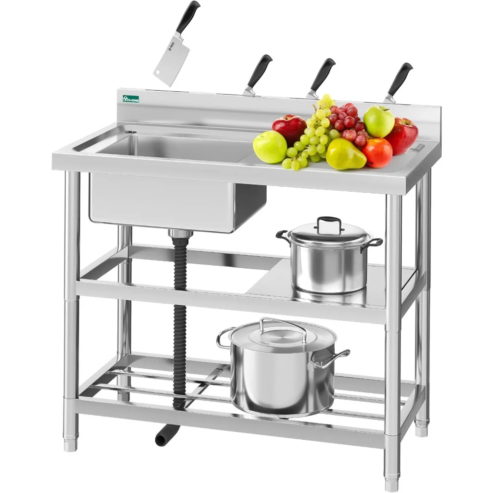 

NSF Stainless Steel Single Bowl Sink Freestanding Commercial Kitchen Sink with Drainboard and Double Shelves for Restaurants, O