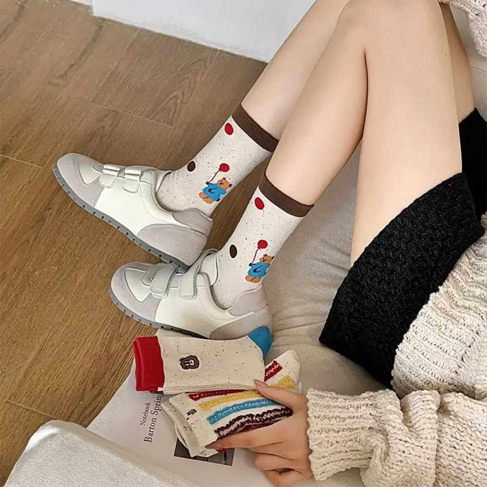 3Pairs Fashion Cute Mid-calf Socks Bear Patchwork Women's Stockings Stripe Mid Tube Cotton Socks Winter