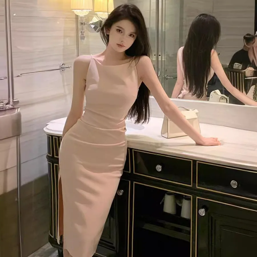 

【New Arrival】Women's Blush Pink One Shoulder Midi Dress, Bodycon with Side Slit, Elegant Evening