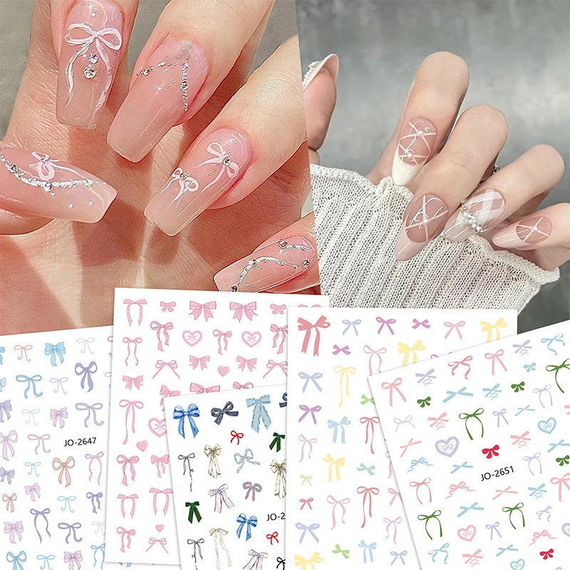 New 3D Fashion Nail Sticker Kawaii Pink White Long Ribbon Bowknot Self Adhesive Nail Art Stickers Decoration DIY Nail Decals