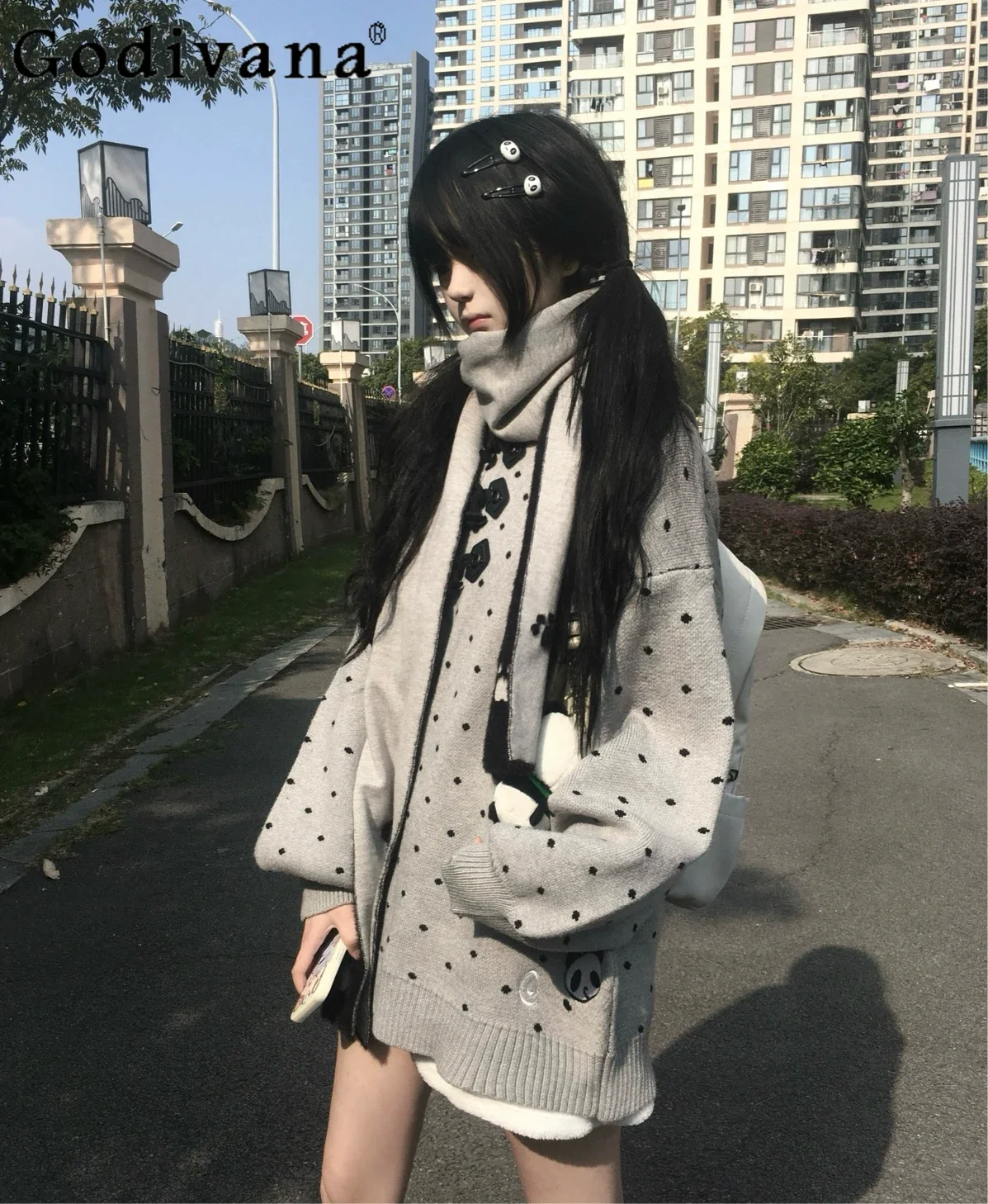 

Original Autumn Winter Girls Cute Polka Dot Panda Embroidery Thickened Sweater Leg Warmer Female Subculture Y2K Knit Top 2025