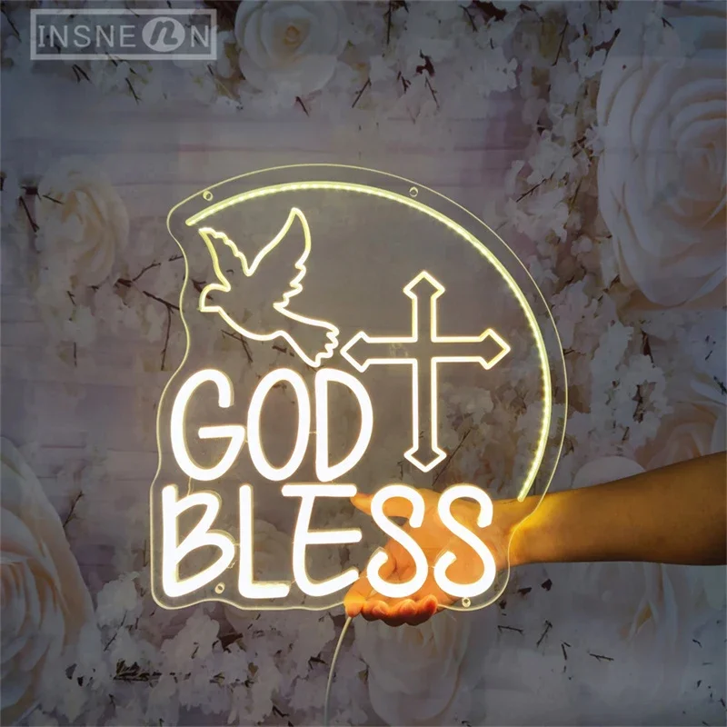 Letreros de neón God Bless con USB, grabado 3D, decoración de pared LED, luces para fiesta, letrero de iluminación de neón para el hogar, decoración de bautismo, regalo