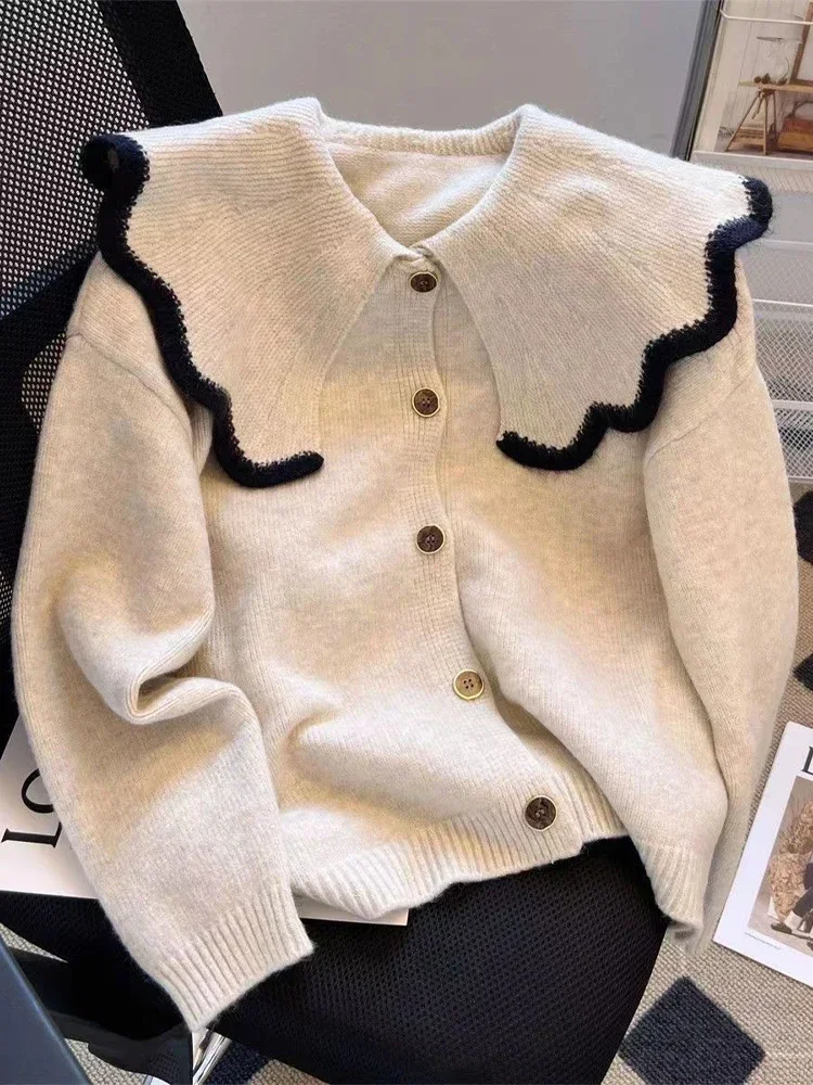 Women Cardigan Sweet Chic Knitted Sweater Ladies Vintage Peter Pan Collar Jumper Female Casual Single Breasted Knitwear Coat