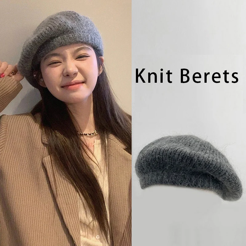 New Wool Blend Knit Women Beret Hat For Big Head Oversized Stretchable Painter Cap Flattering Slouchy Plain Hat Multiple Colors