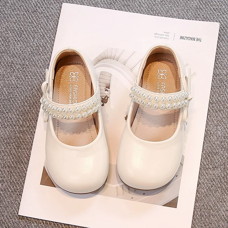 Little Girls Leather Shoes Soft Kids Mary Janes with Beading Beaded Chic Princess Sweet Simple Children Flats White for Wedding