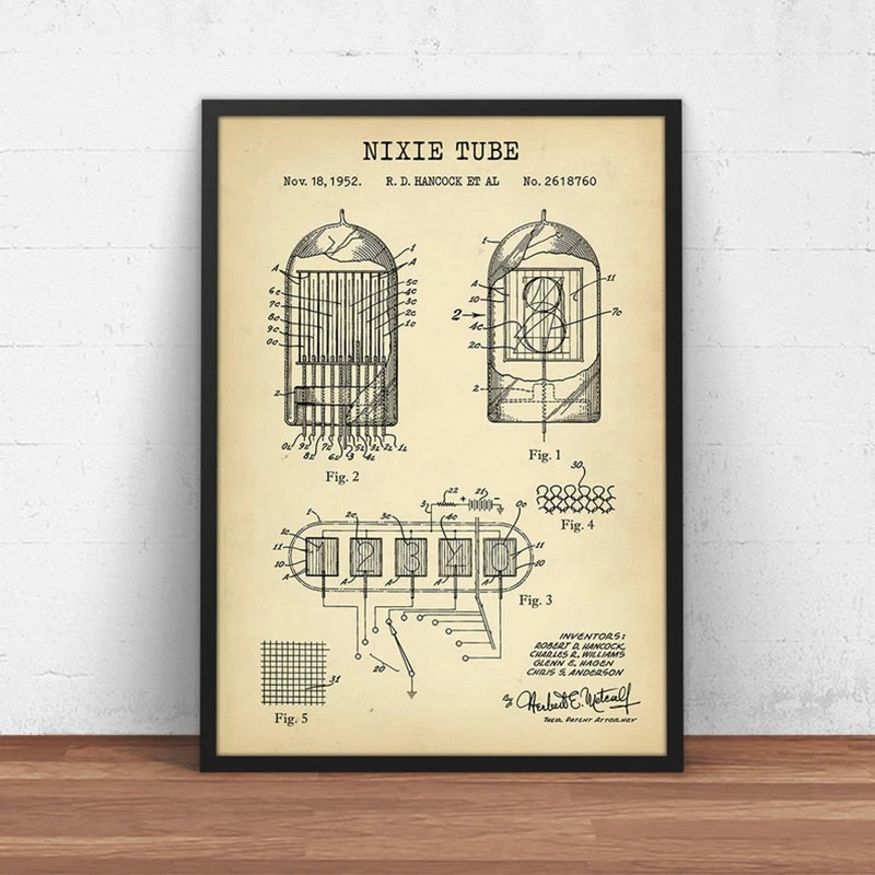 1PC  Nixie Tube Patent Print Glow Tube Anode Blueprint Canvas Painting Picture Fathers Day Gifts Electrical Engineer Steampun