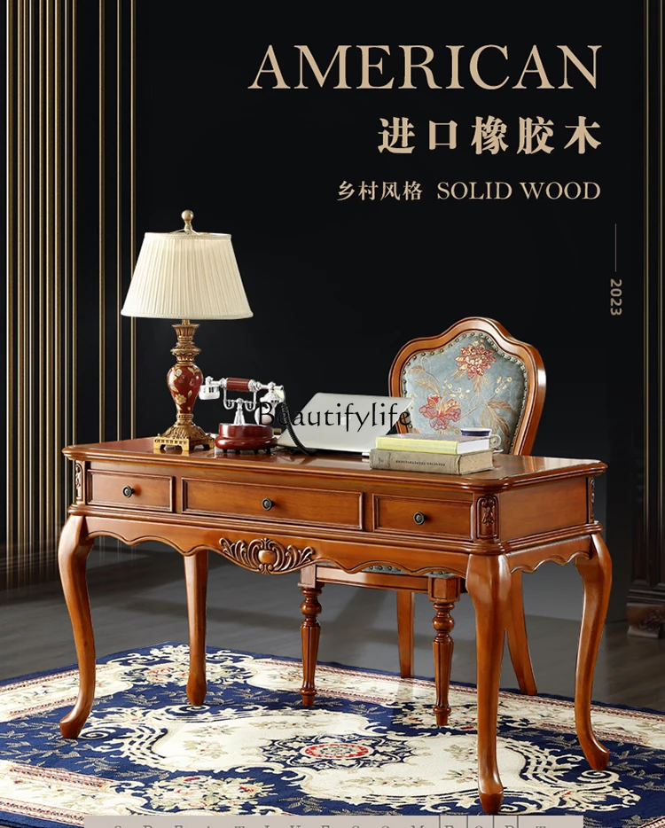 American solid wood desk and chair combination study furniture European small writing desk desk