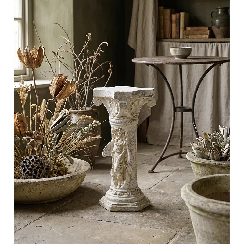 Vintage French Country Decorative Pedestal Column 50.5cm, Classical Angel Relief Pillar Stand, Ivory Architectural Home Decor