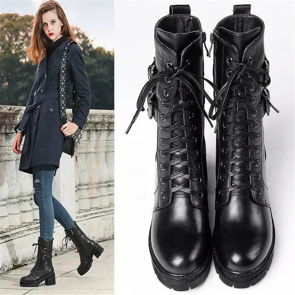 New women\'s Autumn Winter Plush Motorcycle Boots Female Thick Heel Mid Calf Student  British Style Korean Buckle Leather Shoes