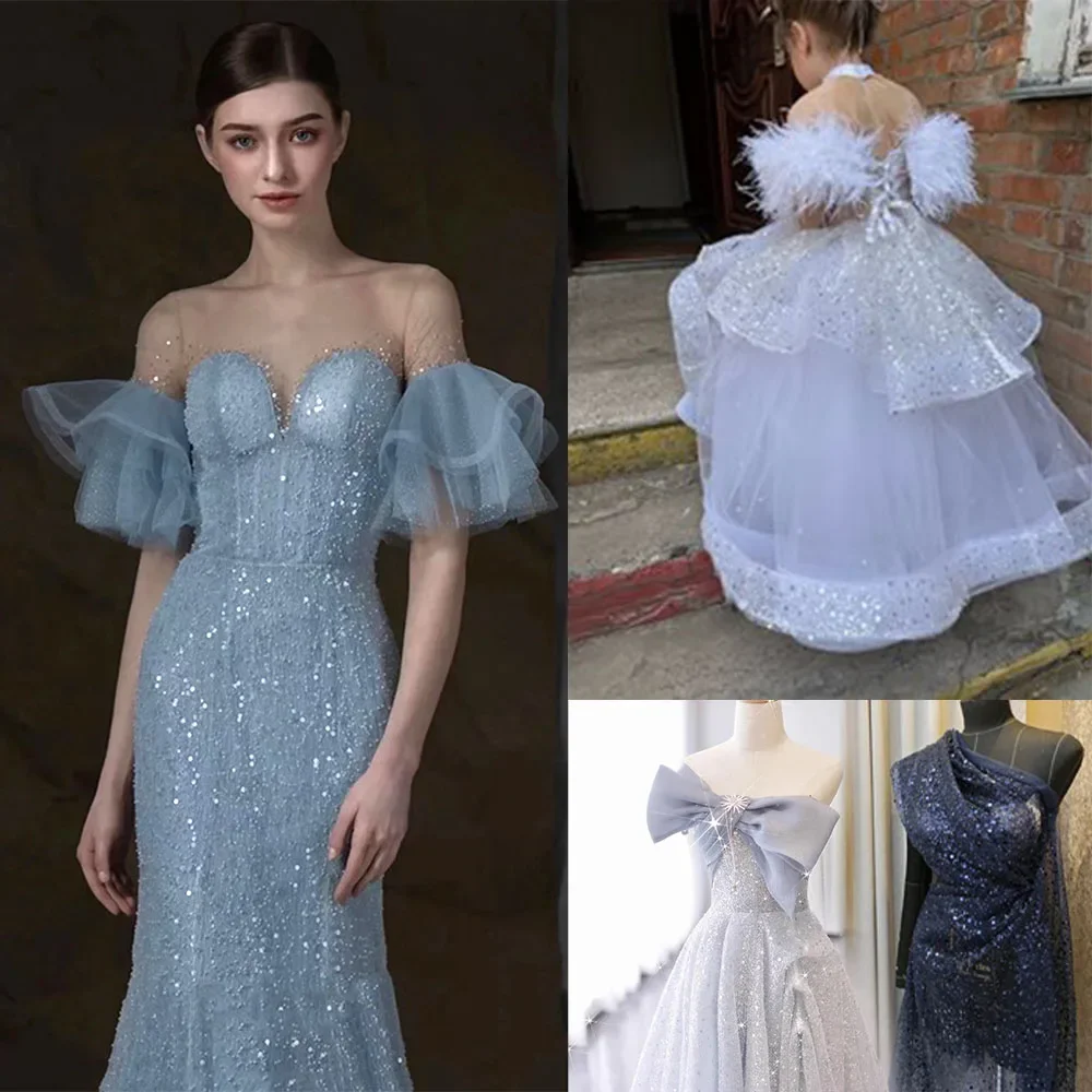 

5 Yard New Mesh Embroidery Pearl Sequins Lace Fabric Bead Embellishment Tull Cloth For Sewing Shiny Evening Dress Girl Skirt