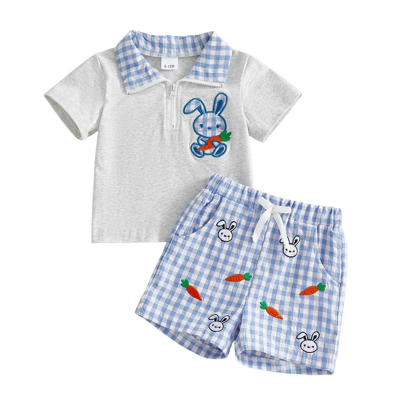 

Пасхальный комплект одежды для мальчиков: топ с короткими рукавами и вышивкой в виде кролика, а также клетчатые шорты для стильного весеннего образа.