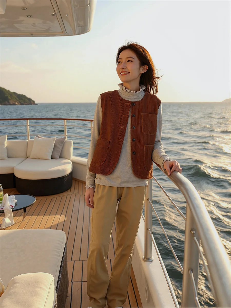 

Women'S Vests Oversized Woman Brown Loose Fit Autumn Thick Solid Color Simple Minimalist Sleeveless Buttoned Casual Fashion