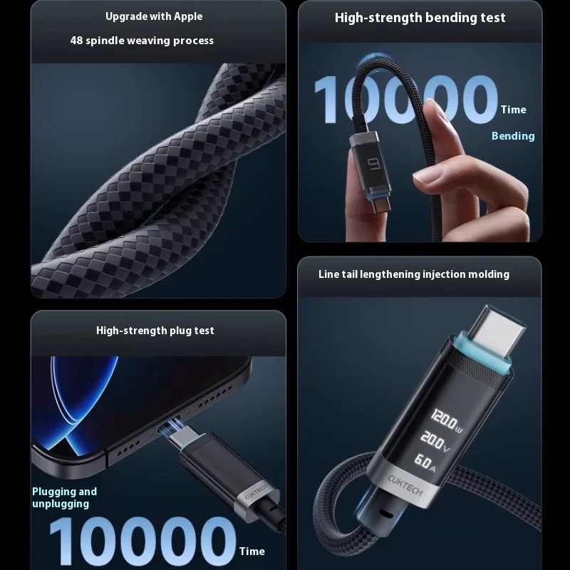 CUKTECH No.6 Braided Digital Display USB-C Cable - Dual Type-C PD Fast Charging for iPhone 16 Pro Max/Xiaomi 15/MacBook (Car/Hom