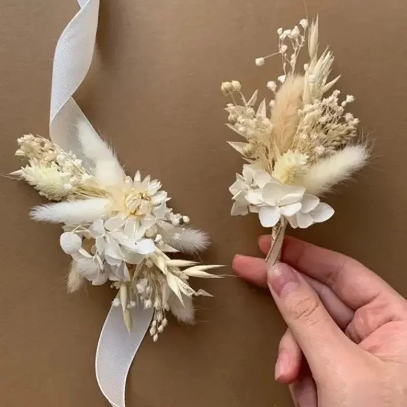 Bridal Wedding Bouquet Corsages for Men Groom Pampas Grass Rose Boutonniere Buttonhole Mini Dried Flowers Bouquet Birthday Decor