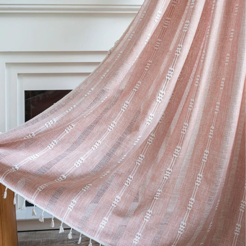 American Style Pink Striped Embroidered Tassel Finished Curtains Semi Shading Hollowed Out Kitchen Living Room Window Curtain